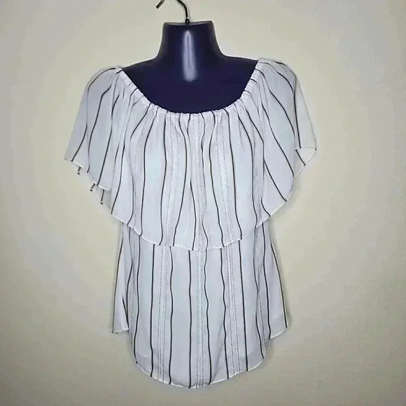 WHITE HOUSE BLACK MARKET Off The Shoulder Stripe‎ Blouse Size XS Top Shirt EUC - Picture 2 of 9